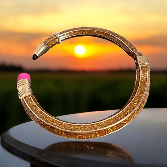 New BETSEY Johnson Gold Glitter Pencil Hinged Cuff Bracelet Back To School - Picture 5 of 16